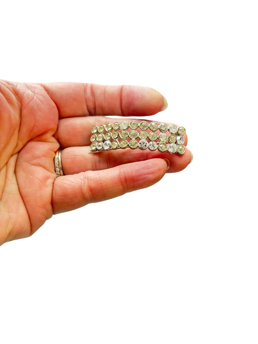 Vintage Rhinestone Bar Brooch | Silver Tone Clear Crystal Pin | Mid Century Glam
